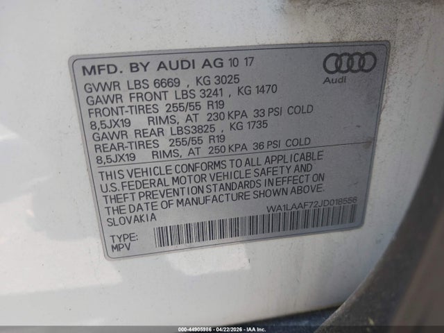 Продаж на аукціоні авто 2018 Audi Q7 3.0t Premium, vin: WA1LAAF72JD018556, номер лоту: 44905986