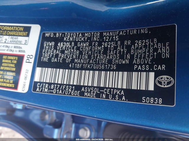 2016 Toyota Camry Se მანქანა იყიდება აუქციონზე, vin: 4T1BF1FK7GU561736, აუქციონის ნომერი: 44905988