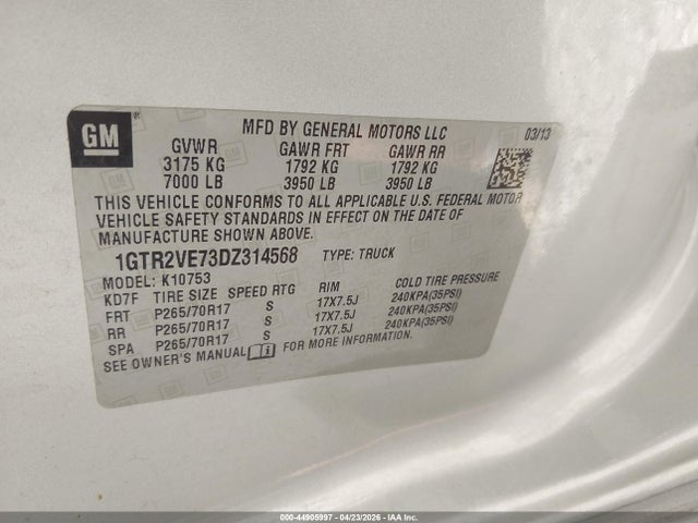 44905997 :رقم المزاد ، 1GTR2VE73DZ314568 vin ، 2013 Gmc Sierra 1500 Sle مزاد بيع