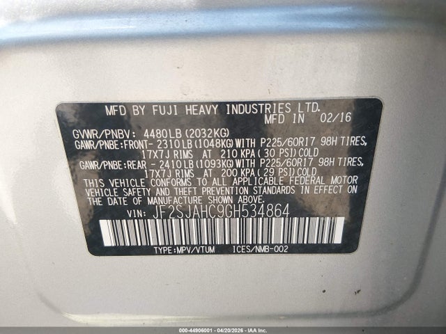 44906001 :رقم المزاد ، JF2SJAHC9GH534864 vin ، 2016 Subaru Forester 2.5i Limited مزاد بيع
