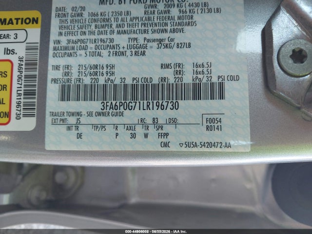 Ford FUSION S 2020 3FA6P0G71LR196730 Image 9