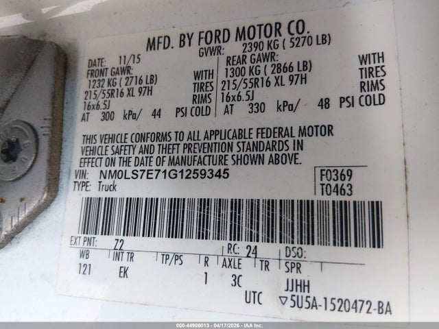 44906013 :رقم المزاد ، NM0LS7E71G1259345 vin ، 2016 Ford Transit Connect Xl مزاد بيع