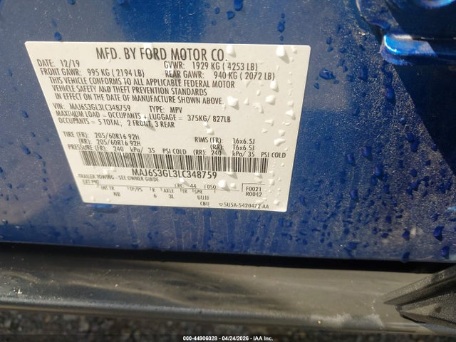 Aukcja sprzedaży 2020 Ford Ecosport Se, vin: MAJ6S3GL3LC348759, numer aukcji: 44906028