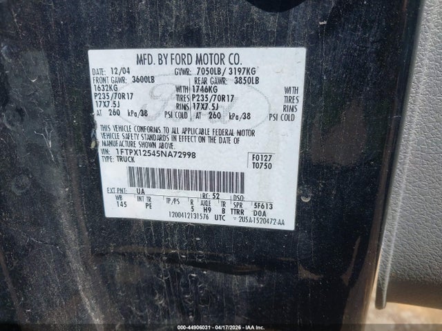44906031 :رقم المزاد ، 1FTPX12545NA72998 vin ، 2005 Ford F-150 Lariat/xl/xlt مزاد بيع