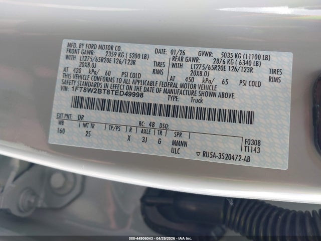 44906043 :رقم المزاد ، 1FT8W2BT8TED49998 vin ، 2026 Ford F-250 Xlt مزاد بيع