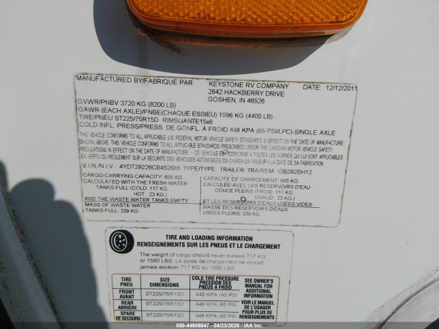 44906047 :رقم المزاد ، 4YDT29226CB452681 vin ، 2012 Keystone Outback مزاد بيع