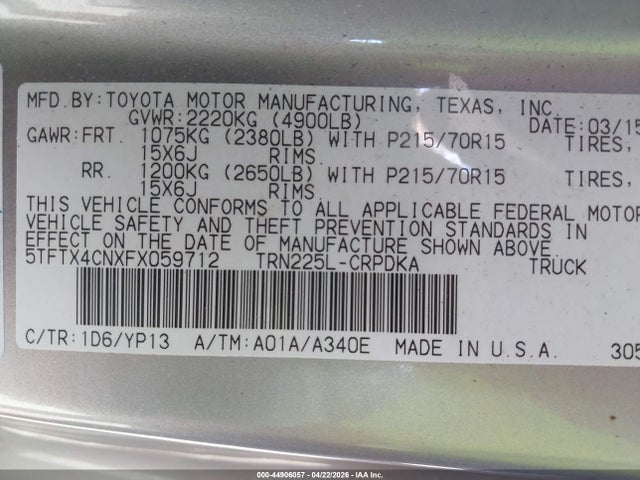 Aukcja sprzedaży 2015 Toyota Tacoma, vin: 5TFTX4CNXFX059712, numer aukcji: 44906057