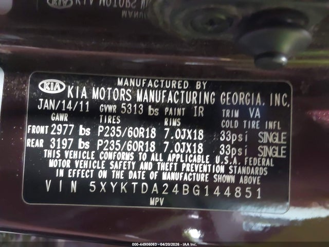 Продаж на аукціоні авто 2011 Kia Sorento Lx V6, vin: 5XYKTDA24BG144851, номер лоту: 44906063