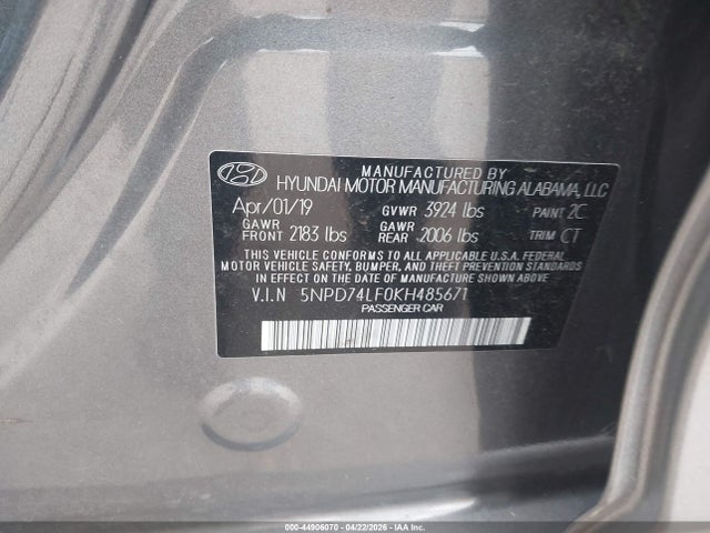 Aukcja sprzedaży 2019 Hyundai Elantra Se, vin: 5NPD74LF0KH485671, numer aukcji: 44906070