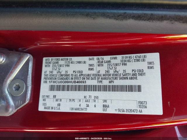 44906072 :رقم المزاد ، 1FMCU0G99HUB46693 vin ، 2017 Ford Escape Se مزاد بيع