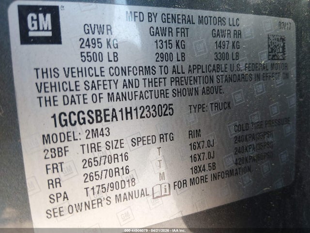 2017 Chevrolet Colorado Wt მანქანა იყიდება აუქციონზე, vin: 1GCGSBEA1H1233025, აუქციონის ნომერი: 44906079
