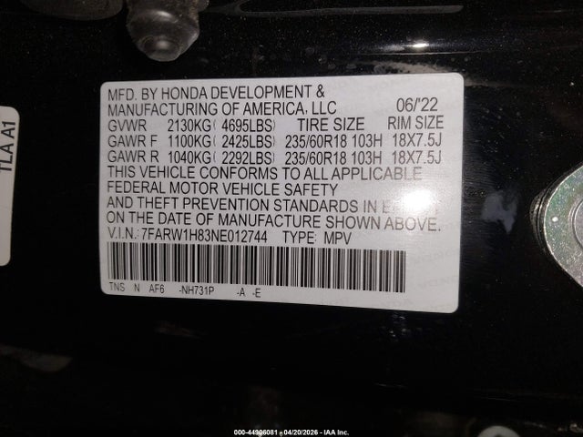 Aukcja sprzedaży 2022 Honda Cr-v 2wd Ex-l, vin: 7FARW1H83NE012744, numer aukcji: 44906081