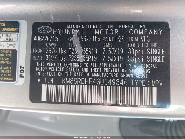 44906082 :رقم المزاد ، KM8SRDHF4GU149346 vin ، 2016 Hyundai Santa Fe Limited مزاد بيع