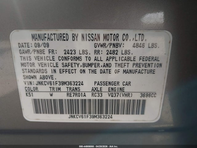 Продажа на аукционе авто 2009 Infiniti G37x, vin: JNKCV61F39M363224, номер лота: 44906088