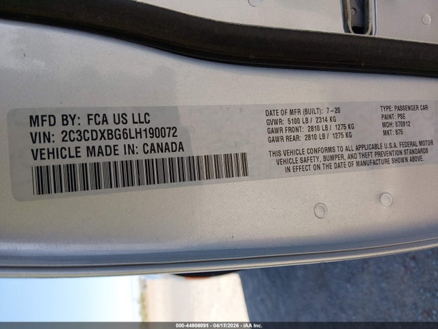 2020 Dodge Charger Sxt Rwd მანქანა იყიდება აუქციონზე, vin: 2C3CDXBG6LH190072, აუქციონის ნომერი: 44906091
