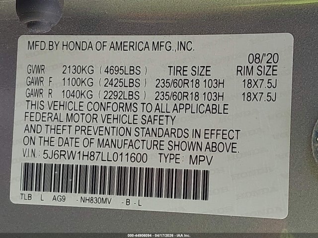 Aukcja sprzedaży 2020 Honda Cr-v 2wd Ex-l, vin: 5J6RW1H87LL011600, numer aukcji: 44906094