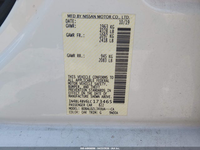 Aukcja sprzedaży 2020 Nissan Altima S Fwd, vin: 1N4BL4BV6LC173465, numer aukcji: 44906096