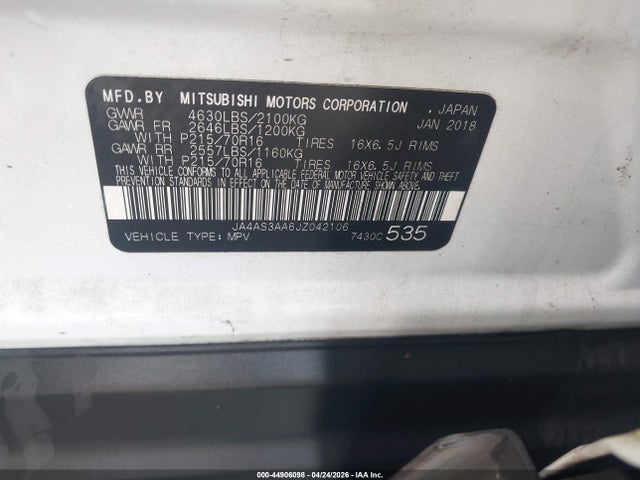 44906098 :رقم المزاد ، JA4AS3AA6JZ042106 vin ، 2018 Mitsubishi Eclipse Cross Es مزاد بيع