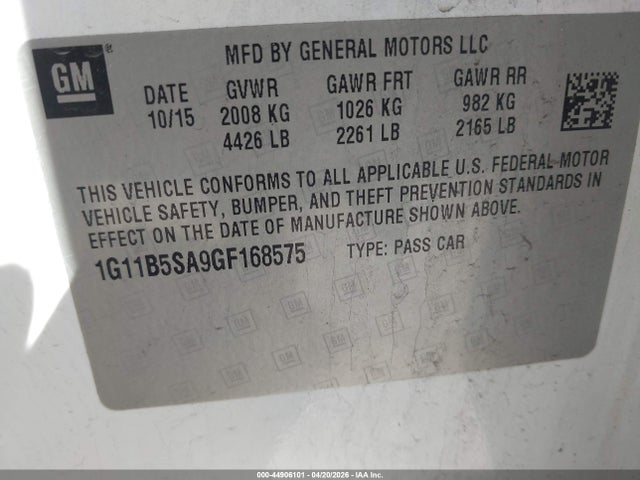 Aukcja sprzedaży 2016 Chevrolet Malibu Limited Ls, vin: 1G11B5SA9GF168575, numer aukcji: 44906101