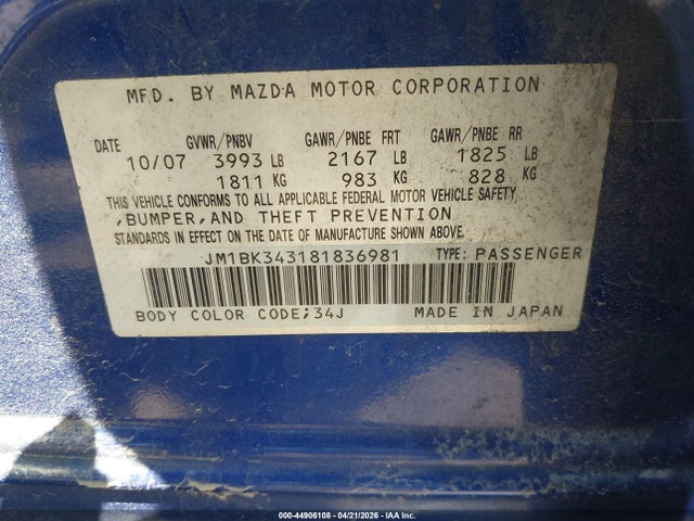 Aukcja sprzedaży 2008 Mazda Mazda3 S Grand Touring, vin: JM1BK343181836981, numer aukcji: 44906108
