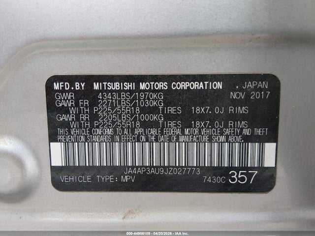 Aukcja sprzedaży 2018 Mitsubishi Outlander Sport 2.0 Le, vin: JA4AP3AU9JZ027773, numer aukcji: 44906109