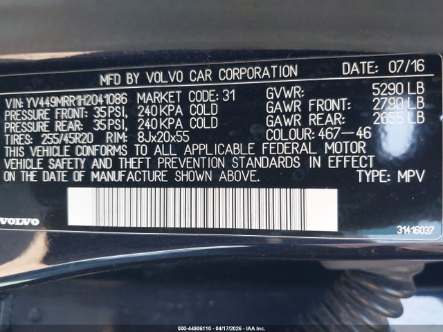 Volvo Xc60 T6 Dynamic 2017 YV449MRR1H2041086 Image 9