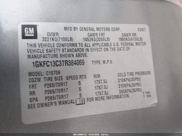 Aukcja sprzedaży 2007 Gmc Yukon Sle, vin: 1GKFC13C37R384069, numer aukcji: 44906122