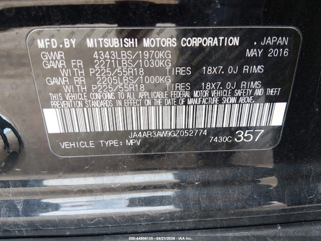 2016 Mitsubishi Outlander Sport 2.4 Es მანქანა იყიდება აუქციონზე, vin: JA4AR3AW9GZ052774, აუქციონის ნომერი: 44906125