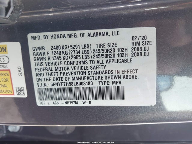 Aukcja sprzedaży 2020 Honda Passport 2wd Ex-l, vin: 5FNYF7H58LB003180, numer aukcji: 44906137