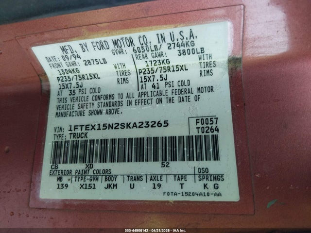 Aukcja sprzedaży 1995 Ford F150, vin: 1FTEX15N2SKA23265, numer aukcji: 44906142