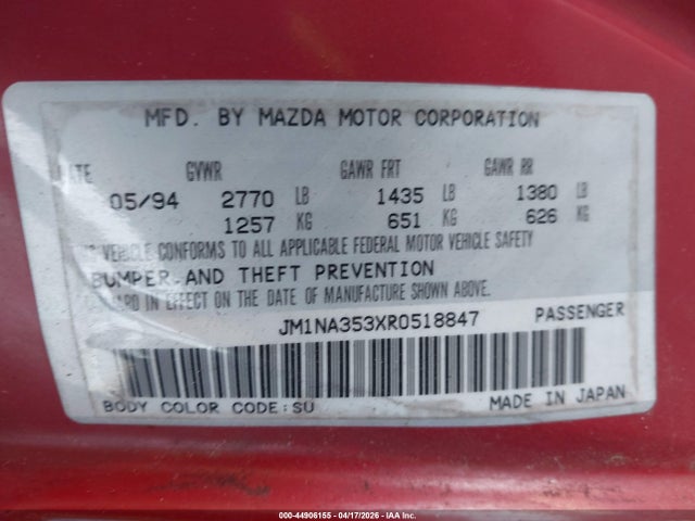 1994 Mazda Mx-5 Miata მანქანა იყიდება აუქციონზე, vin: JM1NA353XR0518847, აუქციონის ნომერი: 44906155