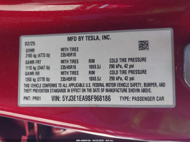 Aukcja sprzedaży 2025 Tesla Model 3 Long Range Rear-wheel Drive/standard Rear-wheel Drive, vin: 5YJ3E1EA9SF968186, numer aukcji: 44906156