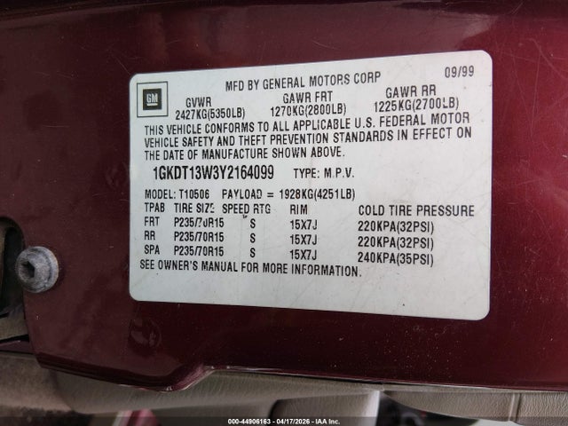 Продаж на аукціоні авто 2000 Gmc Jimmy Slt, vin: 1GKDT13W3Y2164099, номер лоту: 44906163