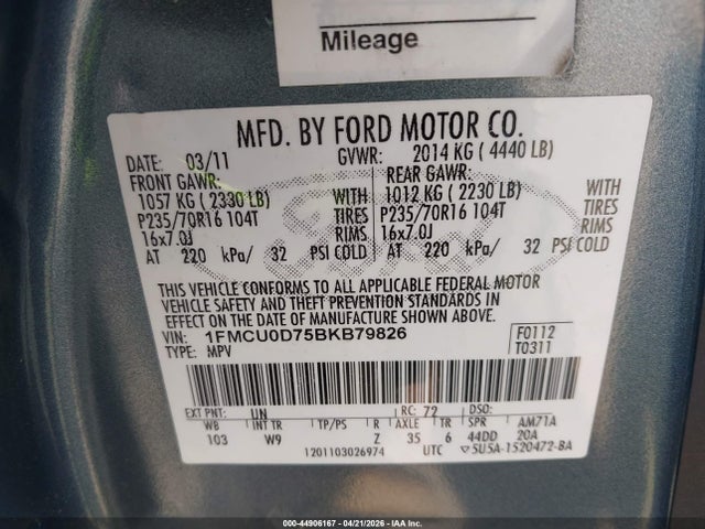 44906167 :رقم المزاد ، 1FMCU0D75BKB79826 vin ، 2011 Ford Escape Xlt مزاد بيع