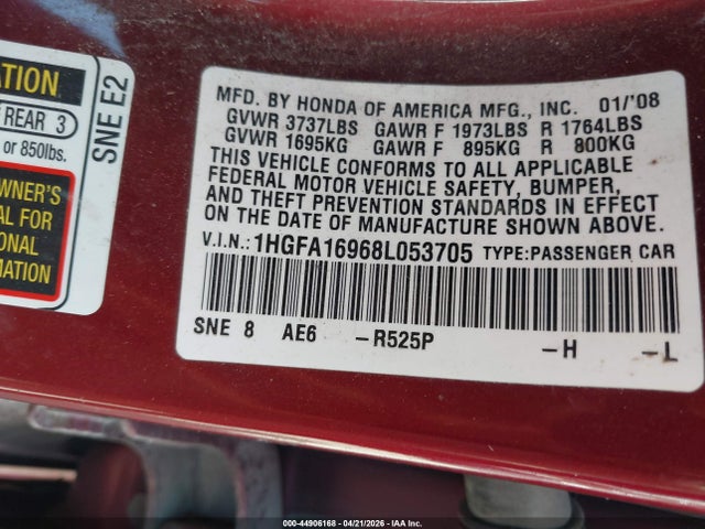 44906168 :رقم المزاد ، 1HGFA16968L053705 vin ، 2008 Honda Civic Ex-l مزاد بيع