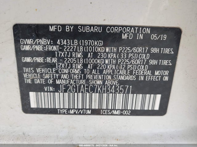 Aukcja sprzedaży 2019 Subaru Crosstrek 2.0i Premium, vin: JF2GTAEC7KH343571, numer aukcji: 44906178