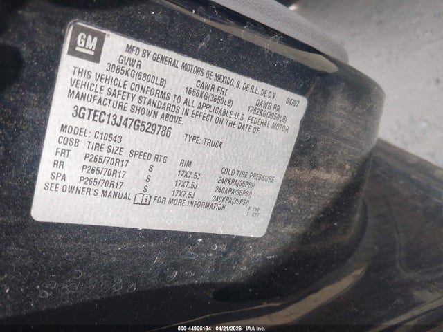 Продаж на аукціоні авто 2007 Gmc Sierra 1500 Sle1, vin: 3GTEC13J47G529786, номер лоту: 44906194