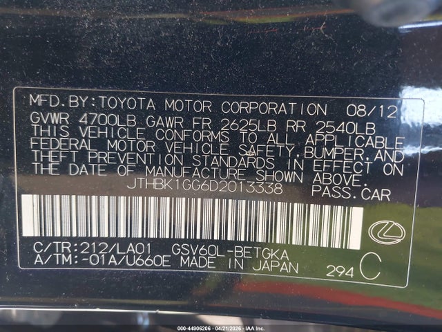 44906206 :رقم المزاد ، JTHBK1GG6D2013338 vin ، 2013 Lexus Es 350 مزاد بيع