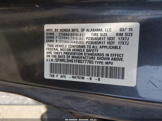 Aukcja sprzedaży 2015 Honda Odyssey Ex-l, vin: 5FNRL5H61FB077765, numer aukcji: 44906209