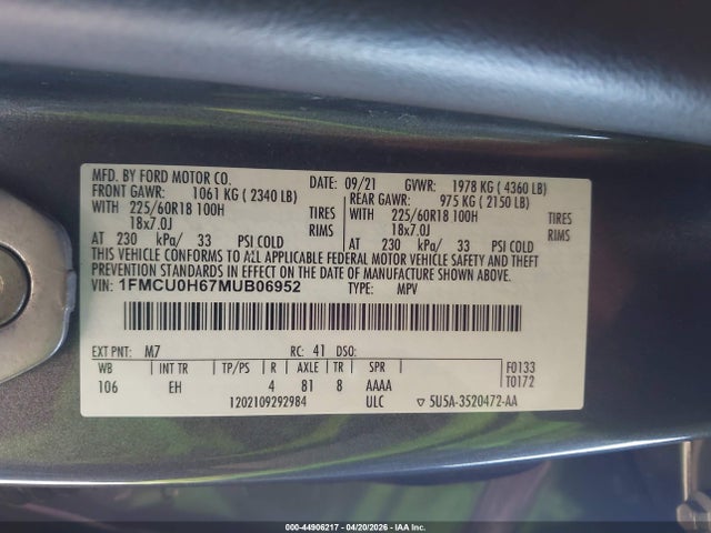 Продаж на аукціоні авто 2021 Ford Escape Sel, vin: 1FMCU0H67MUB06952, номер лоту: 44906217