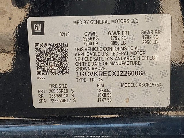 Aukcja sprzedaży 2018 Chevrolet Silverado 1500 2lt, vin: 1GCVKRECXJZ260068, numer aukcji: 44906219