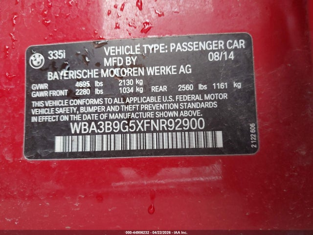 Продаж на аукціоні авто 2015 Bmw 335i Xdrive, vin: WBA3B9G5XFNR92900, номер лоту: 44906232