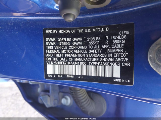 Продаж на аукціоні авто 2018 Honda Civic Sport, vin: SHHFK7H47JU411000, номер лоту: 44906233
