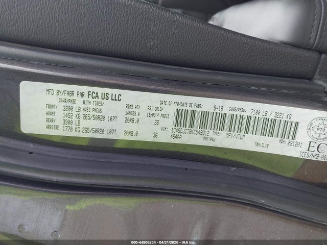 Продаж на аукціоні авто 2019 Dodge Durango R/t, vin: 1C4SDJCT8KC549312, номер лоту: 44906234
