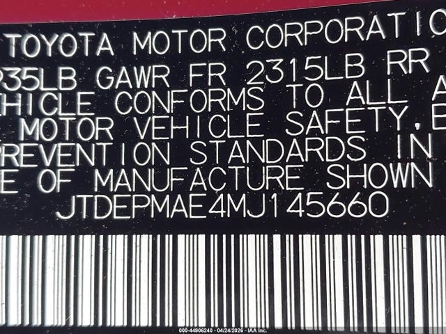 Aukcja sprzedaży 2021 Toyota Corolla Le, vin: JTDEPMAE4MJ145660, numer aukcji: 44906240