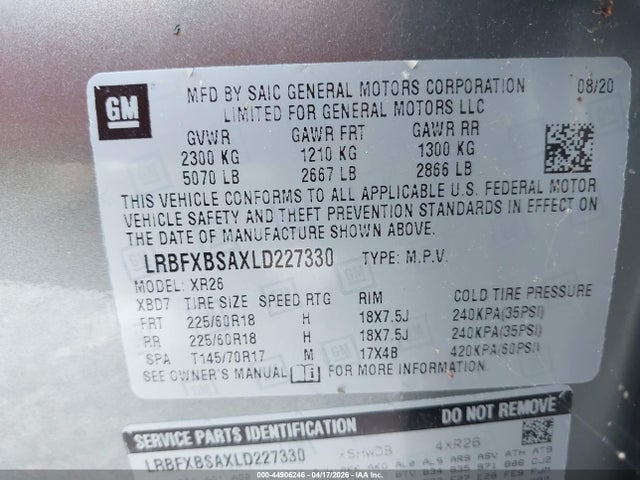 Aukcja sprzedaży 2020 Buick Envision Fwd Preferred, vin: LRBFXBSAXLD227330, numer aukcji: 44906246