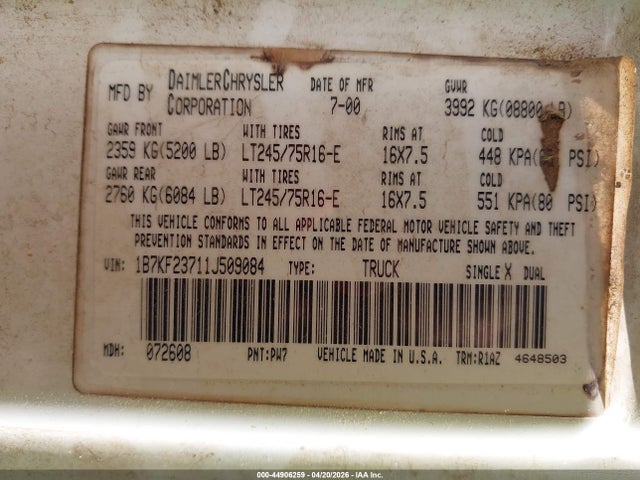 2001 Dodge Ram 2500 St მანქანა იყიდება აუქციონზე, vin: 1B7KF23711J509084, აუქციონის ნომერი: 44906259