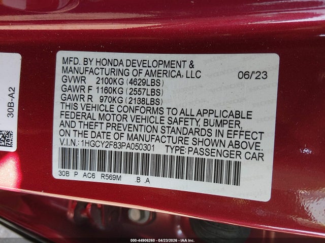Продажа на аукционе авто 2023 Honda Accord Hybrid Touring, vin: 1HGCY2F83PA050301, номер лота: 44906260