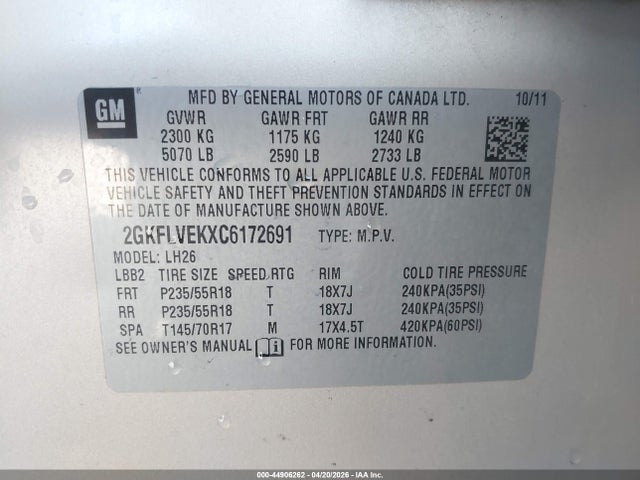 Aukcja sprzedaży 2012 Gmc Terrain Slt-1, vin: 2GKFLVEKXC6172691, numer aukcji: 44906262