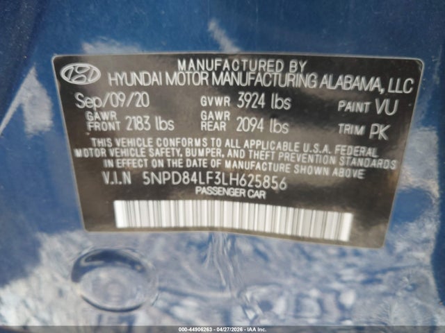 44906263 :رقم المزاد ، 5NPD84LF3LH625856 vin ، 2020 Hyundai Elantra Sel مزاد بيع